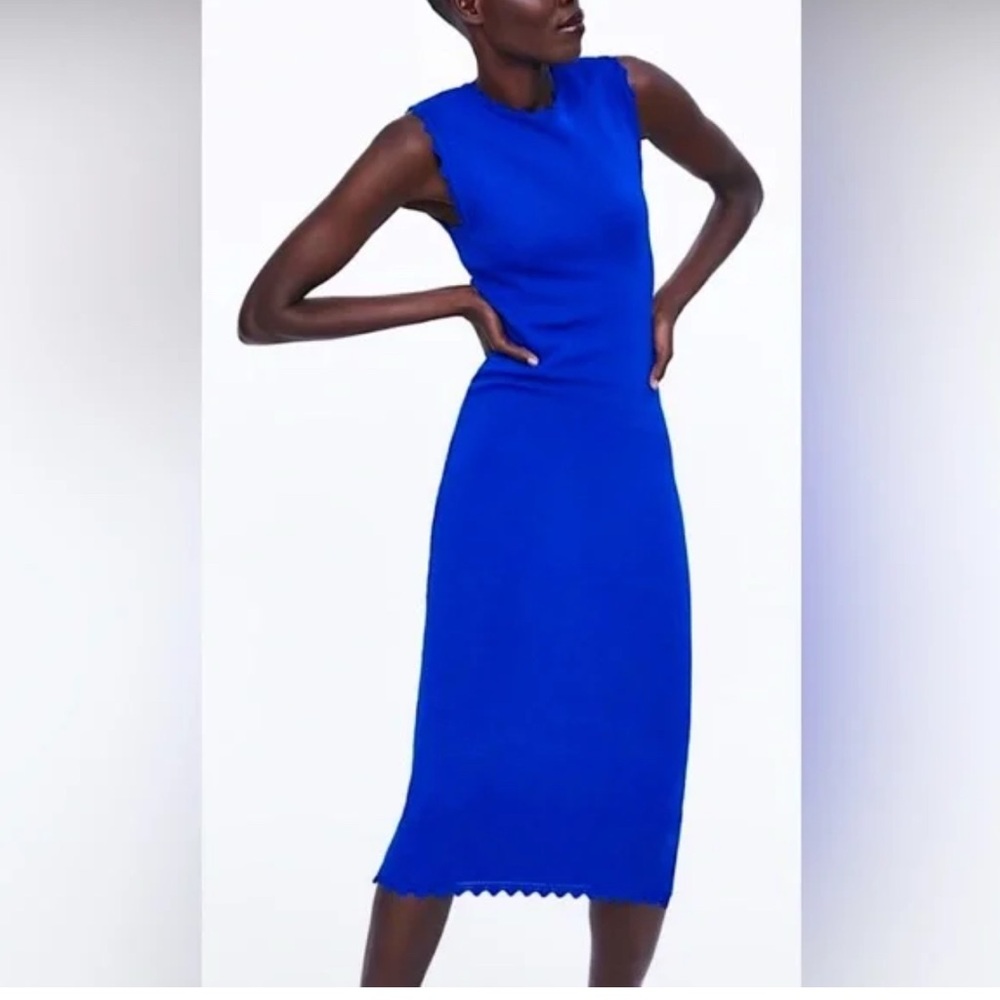 Zara Blue Knit Midi Dress Crew Neck Sleeveless